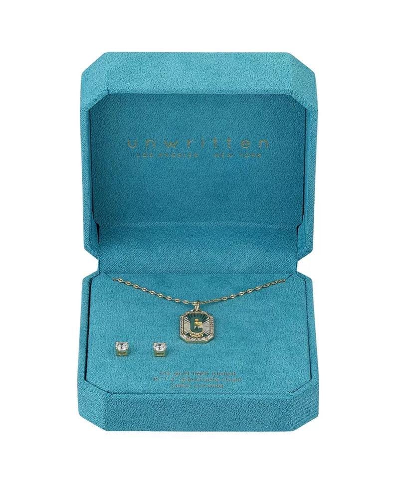 Cubic Zirconia Initial Pendant Necklace and Stud Earring Set