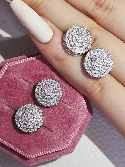 New Luxury Fashion Round Copper Zirconia Stud Earrings For Women Anniversary Gift Silver Color Metal Earring Party