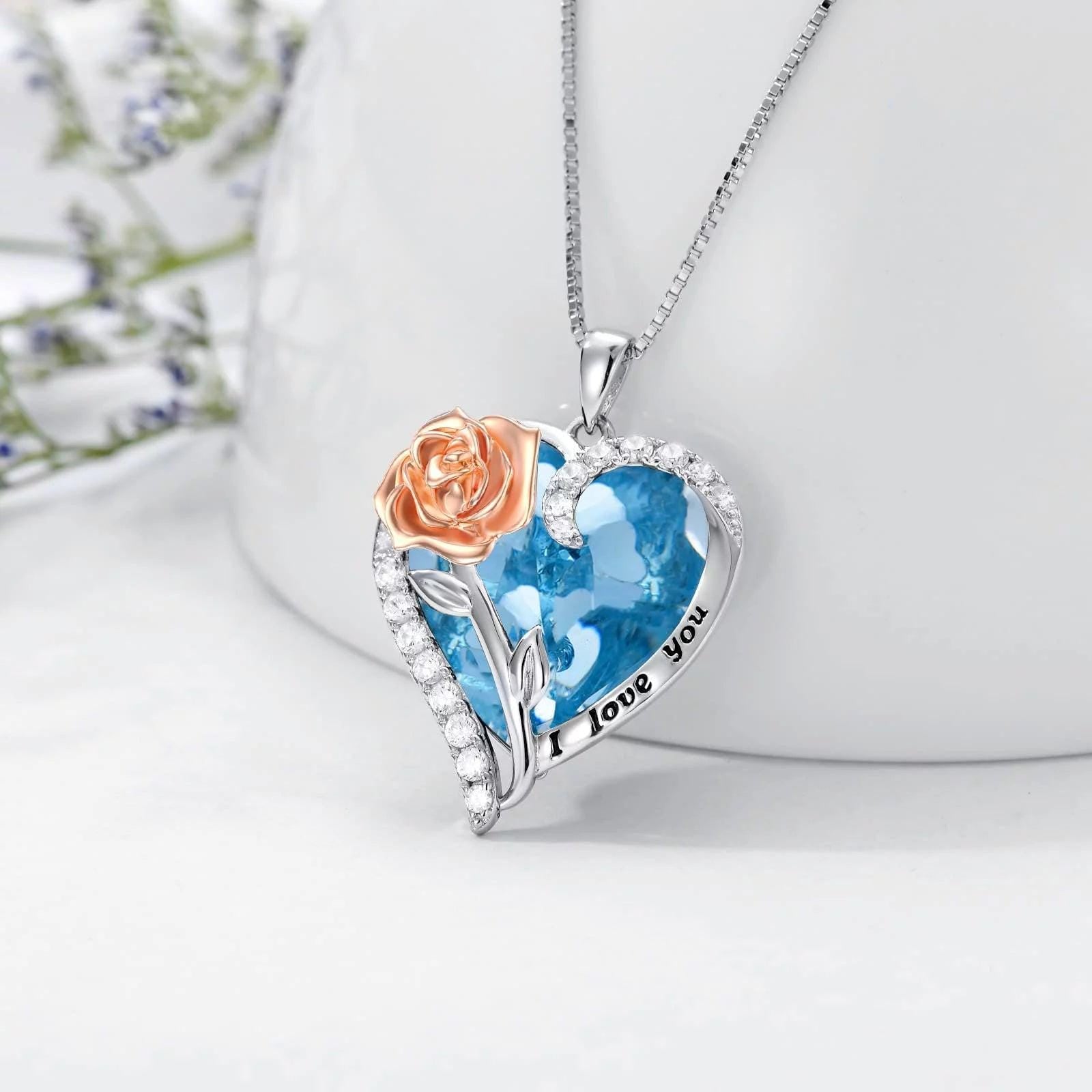 Valentine&#39;S Day Gifts for Her Sterling Silver Rose Flower Pendant Necklaces with Heart Crystal March Birthstone Pendant Jewelry for Women Wife Sister Birthday Anniversary,Created Aquamarine