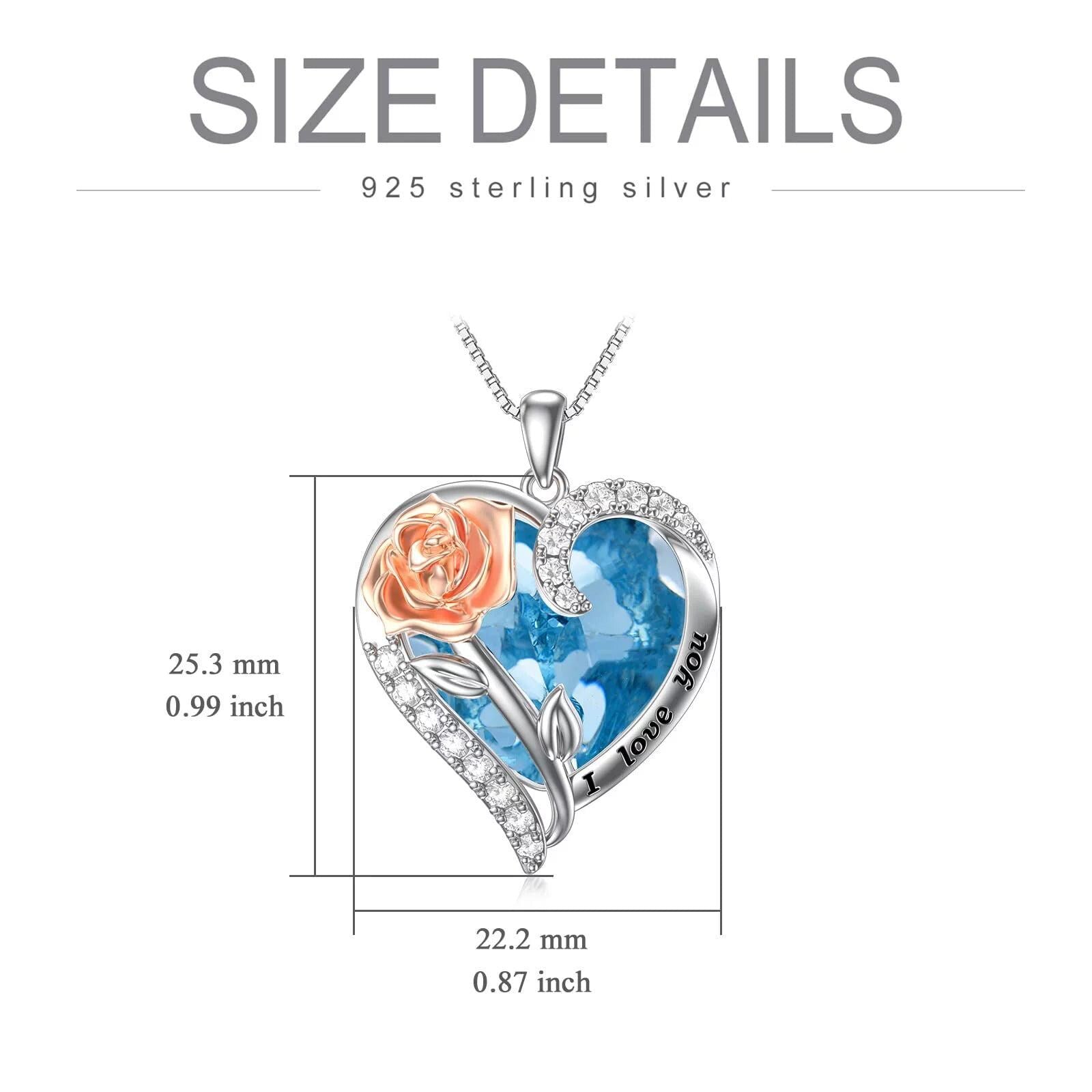 Valentine&#39;S Day Gifts for Her Sterling Silver Rose Flower Pendant Necklaces with Heart Crystal March Birthstone Pendant Jewelry for Women Wife Sister Birthday Anniversary,Created Aquamarine
