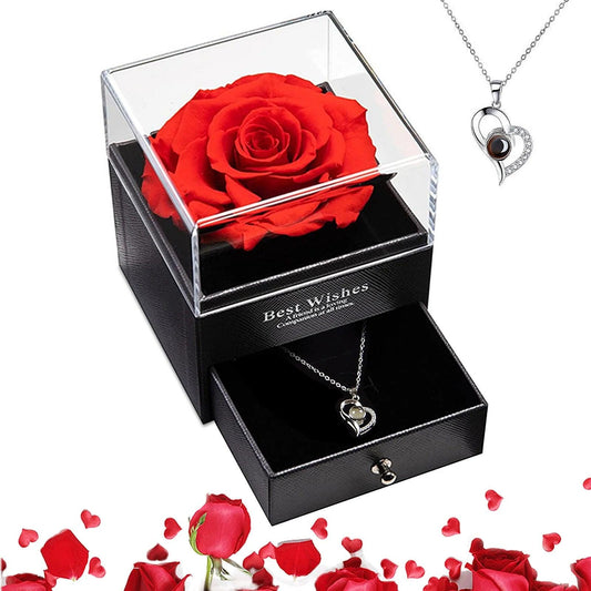 Preserved Red Real Rose with I Love You Necklace in 100 Languages -Eternal Flowers Rose Gifts for Mom Wife Girlfriend Her on Christmas Valentines Day Mother&#39;Sday Anniversary Birthday Gifts for Women