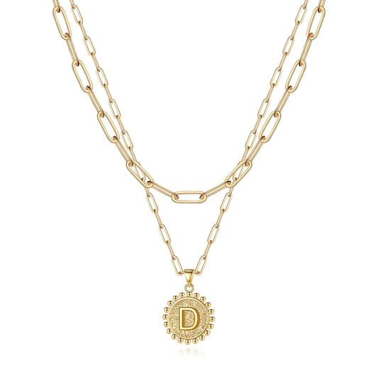 Gold Initial Necklaces for Women Girls 14K Gold Plated Dainty Layering Paperclip Link Chain Necklace Coin Initial Layered Gold Necklaces for Women