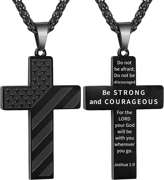 Gold Cross Necklace for Men Bible Verse Stainless Steel American Flag Pendant Chain for Men Valentine&#39;S Day Jewelry Gift for Men Boyfriend Husband