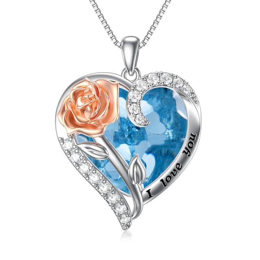 Valentine&#39;S Day Gifts for Her Sterling Silver Rose Flower Pendant Necklaces with Heart Crystal March Birthstone Pendant Jewelry for Women Wife Sister Birthday Anniversary,Created Aquamarine