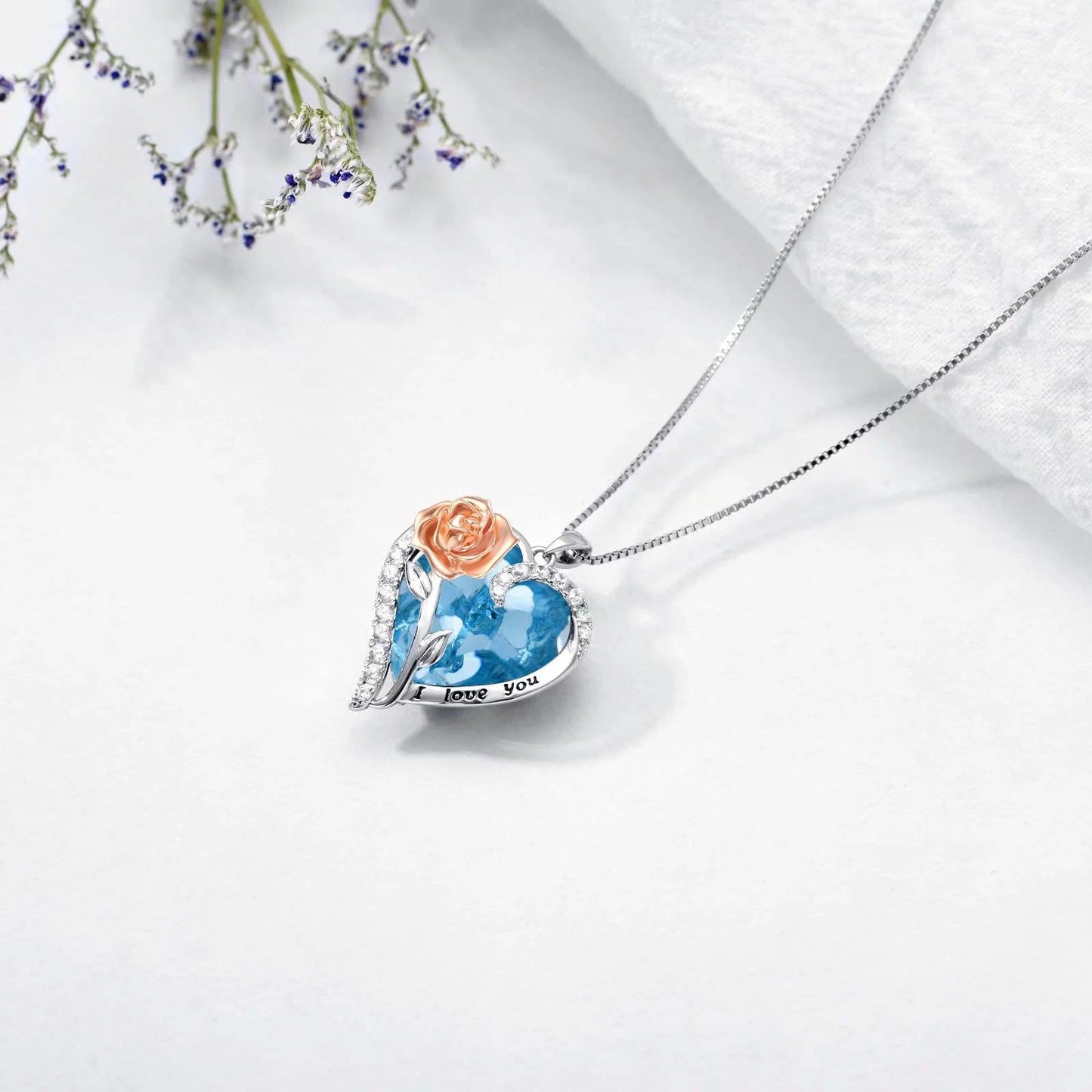 Valentine&#39;S Day Gifts for Her Sterling Silver Rose Flower Pendant Necklaces with Heart Crystal March Birthstone Pendant Jewelry for Women Wife Sister Birthday Anniversary,Created Aquamarine