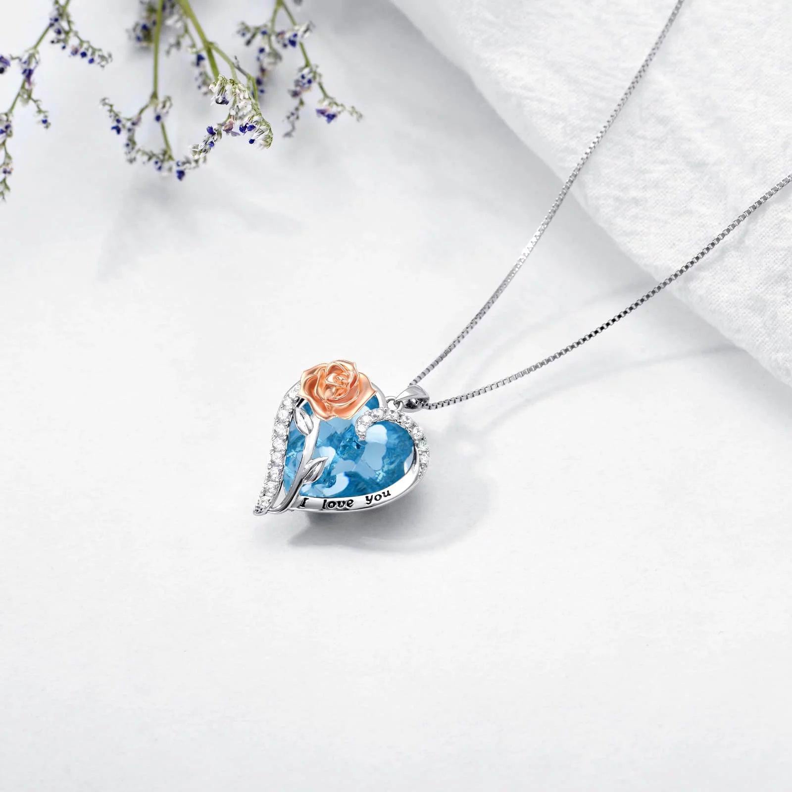 Valentine&#39;S Day Gifts for Her Sterling Silver Rose Flower Pendant Necklaces with Heart Crystal March Birthstone Pendant Jewelry for Women Wife Sister Birthday Anniversary,Created Aquamarine
