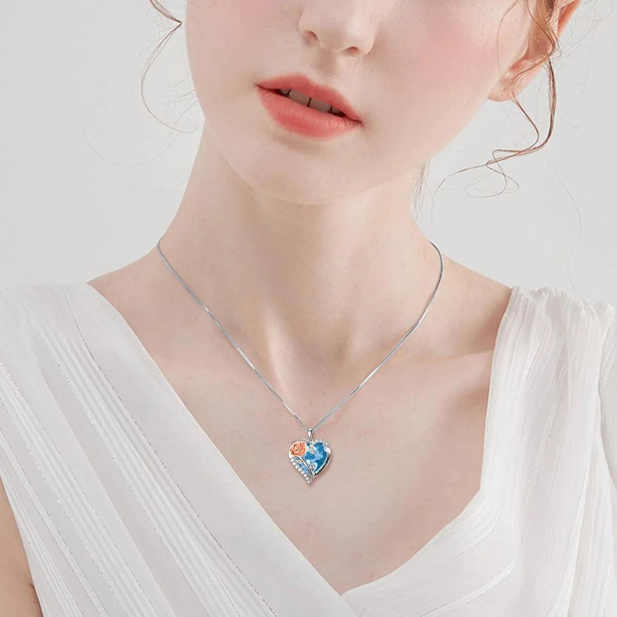 Valentine&#39;S Day Gifts for Her Sterling Silver Rose Flower Pendant Necklaces with Heart Crystal March Birthstone Pendant Jewelry for Women Wife Sister Birthday Anniversary,Created Aquamarine