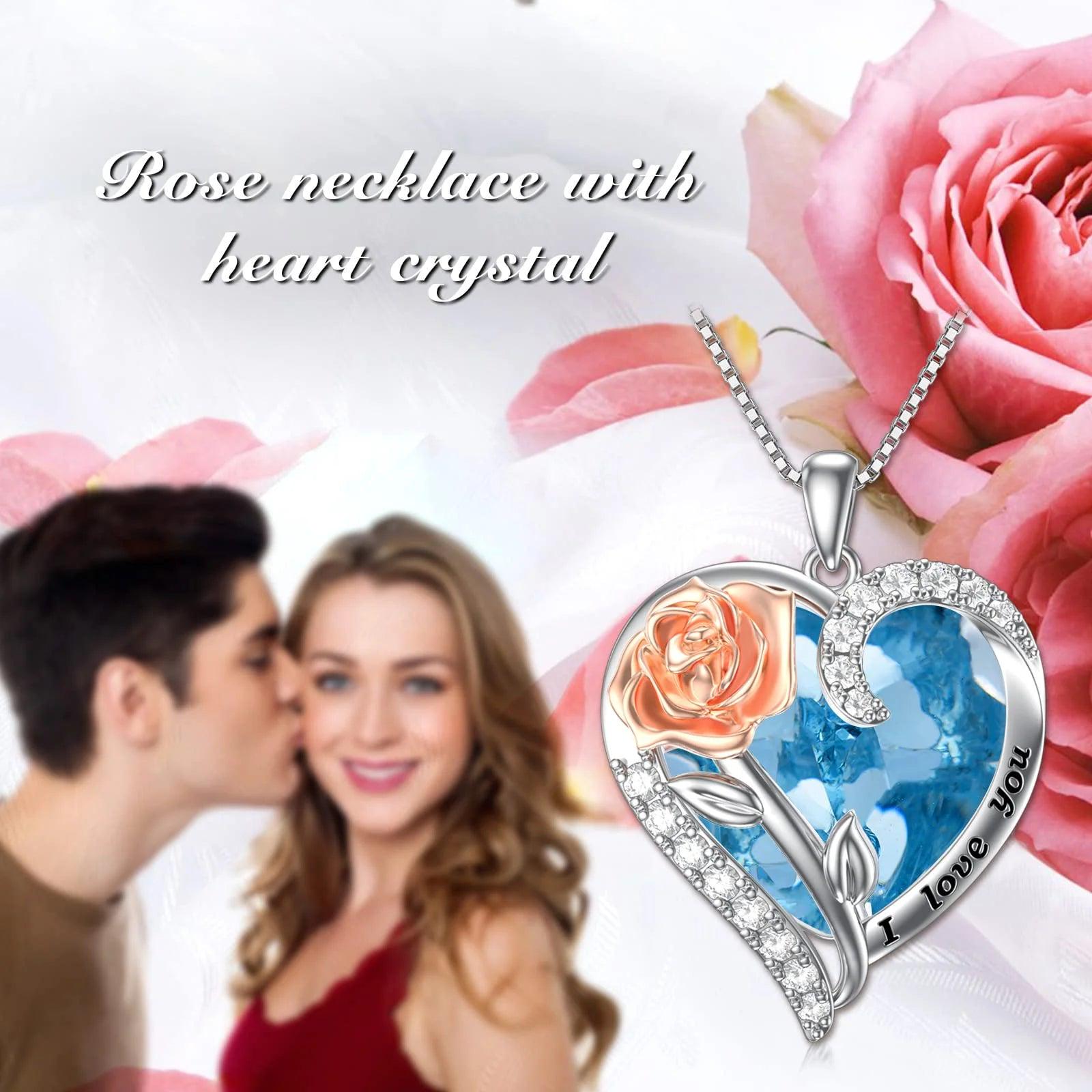 Valentine&#39;S Day Gifts for Her Sterling Silver Rose Flower Pendant Necklaces with Heart Crystal March Birthstone Pendant Jewelry for Women Wife Sister Birthday Anniversary,Created Aquamarine