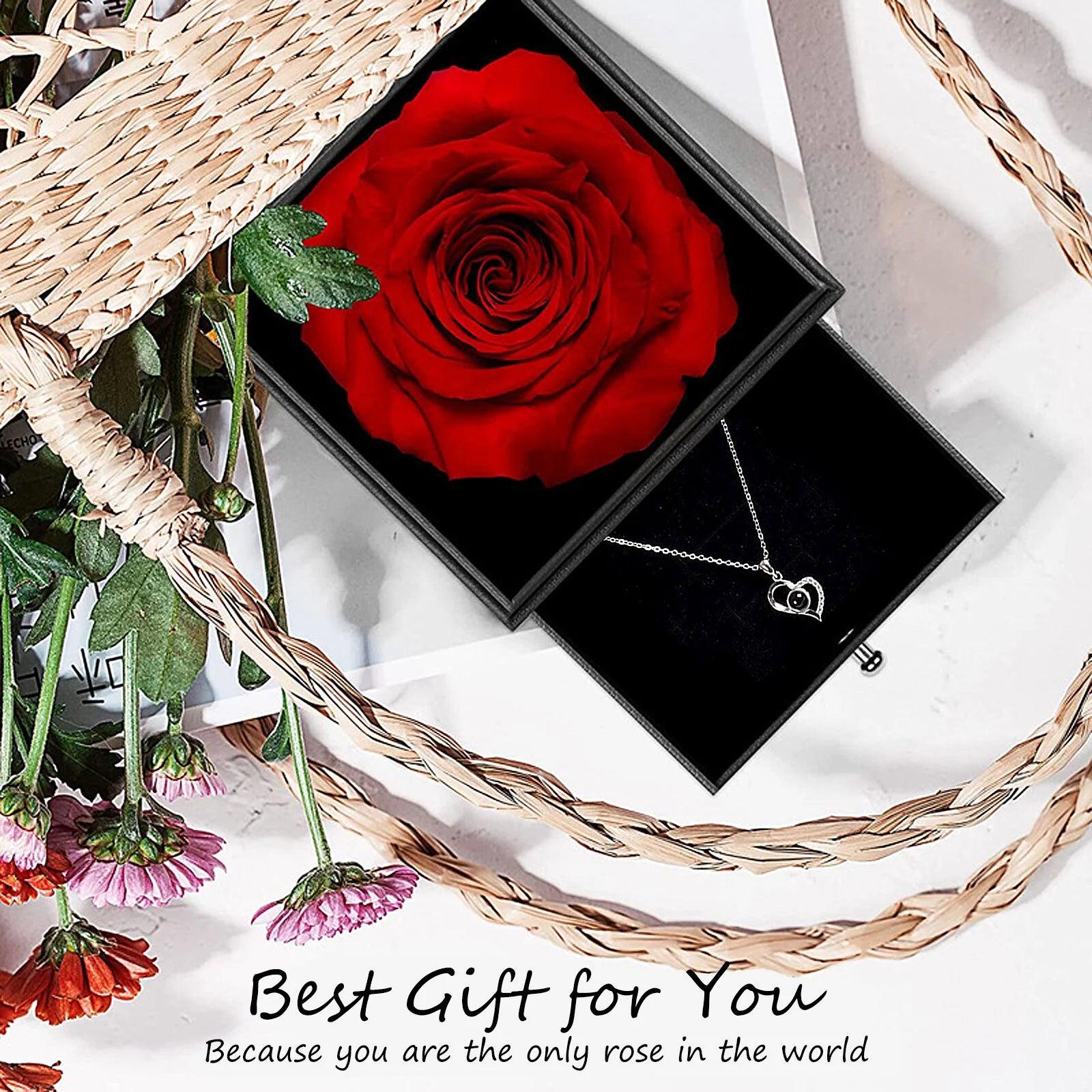 Preserved Red Real Rose with I Love You Necklace in 100 Languages -Eternal Flowers Rose Gifts for Mom Wife Girlfriend Her on Christmas Valentines Day Mother&#39;Sday Anniversary Birthday Gifts for Women