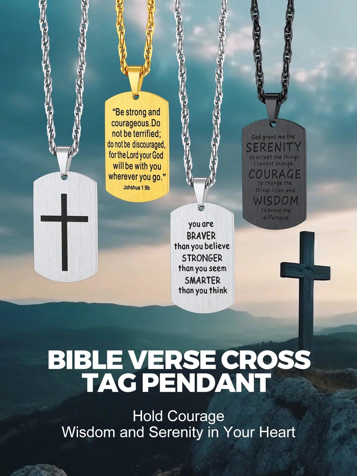Cross Necklace Bible Verse Black Pendant for Men Stainless Steel Dog Tag Religious Jewelry Inspirational Gift for Husband Father Son