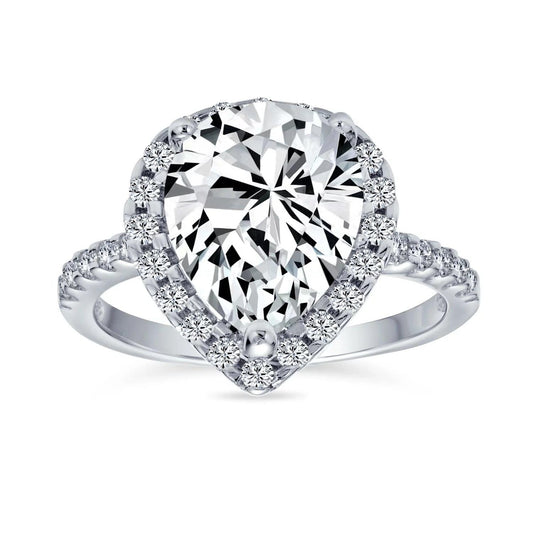 Womens 7CT Pear Shaped Halo Solitaire Engagement Ring, Sterling Silver CZ Pave Band